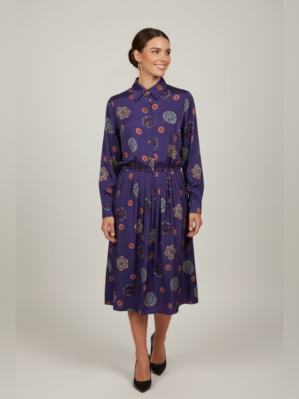 Vtg Liz Claiborne Dress 100% Silk LS Purple Boho Grannycore Collared Sz 10 Med